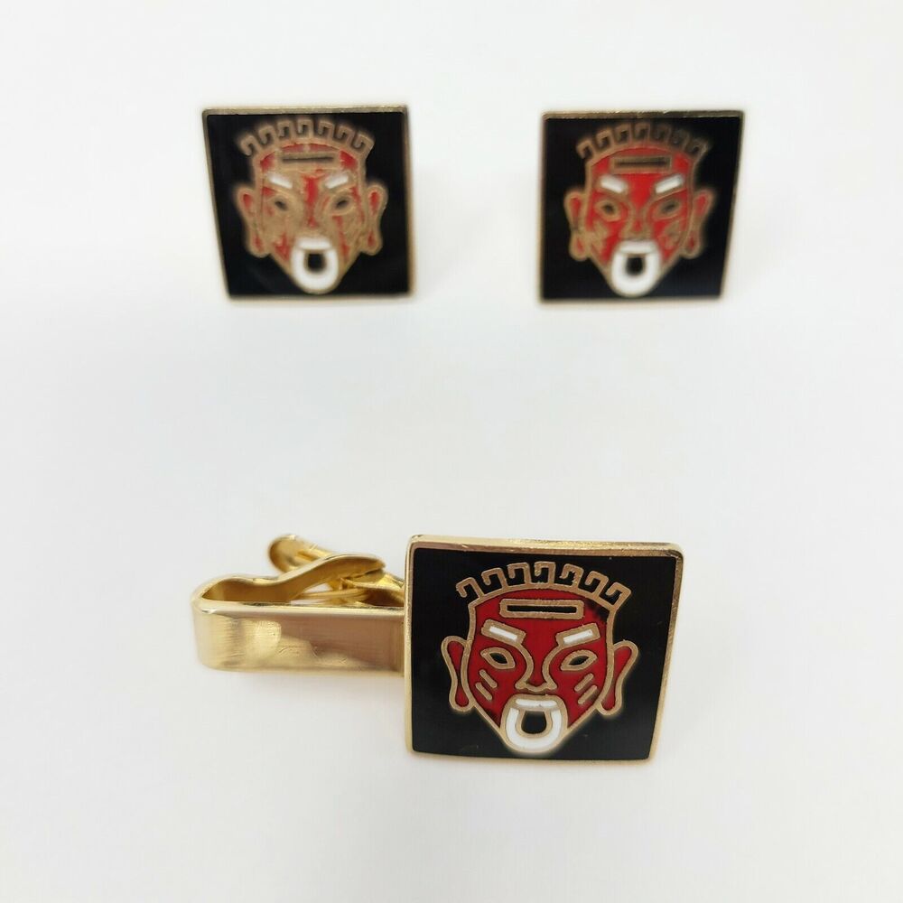 Men Vintage Swank Tribal Red Black Enamel Mask Gold Tone Cufflinks Tie Bar Set